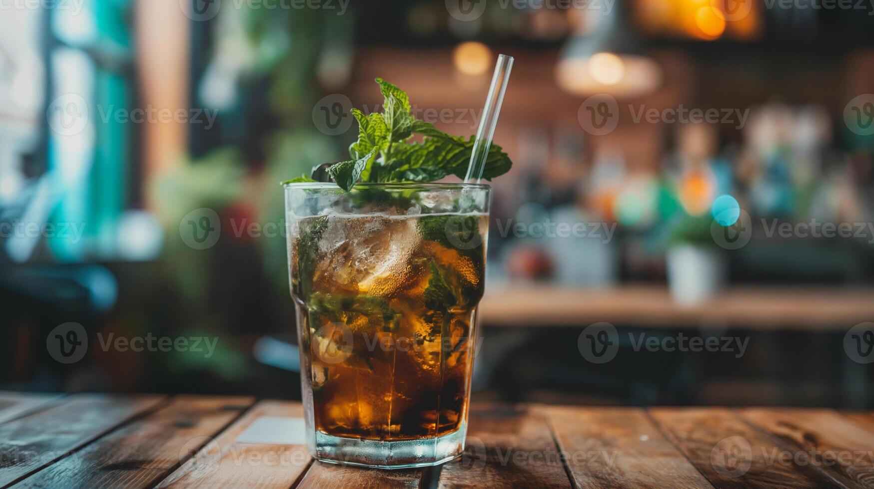 Multicolored bright cocktail with straw in a glass close up with ice cube and mint photo