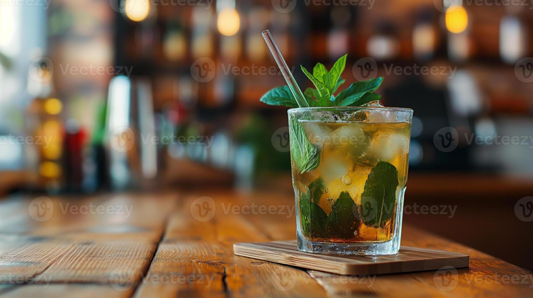Multicolored bright cocktail with straw in a glass close up with ice cube and mint photo