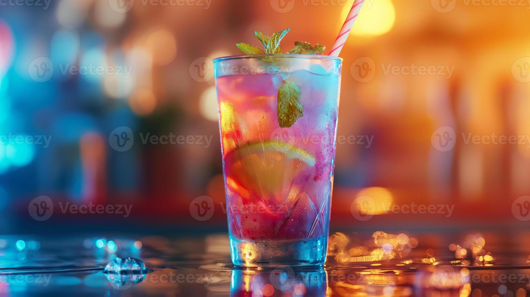 Multicolored bright cocktail with straw in a glass close up with ice cube and mint photo