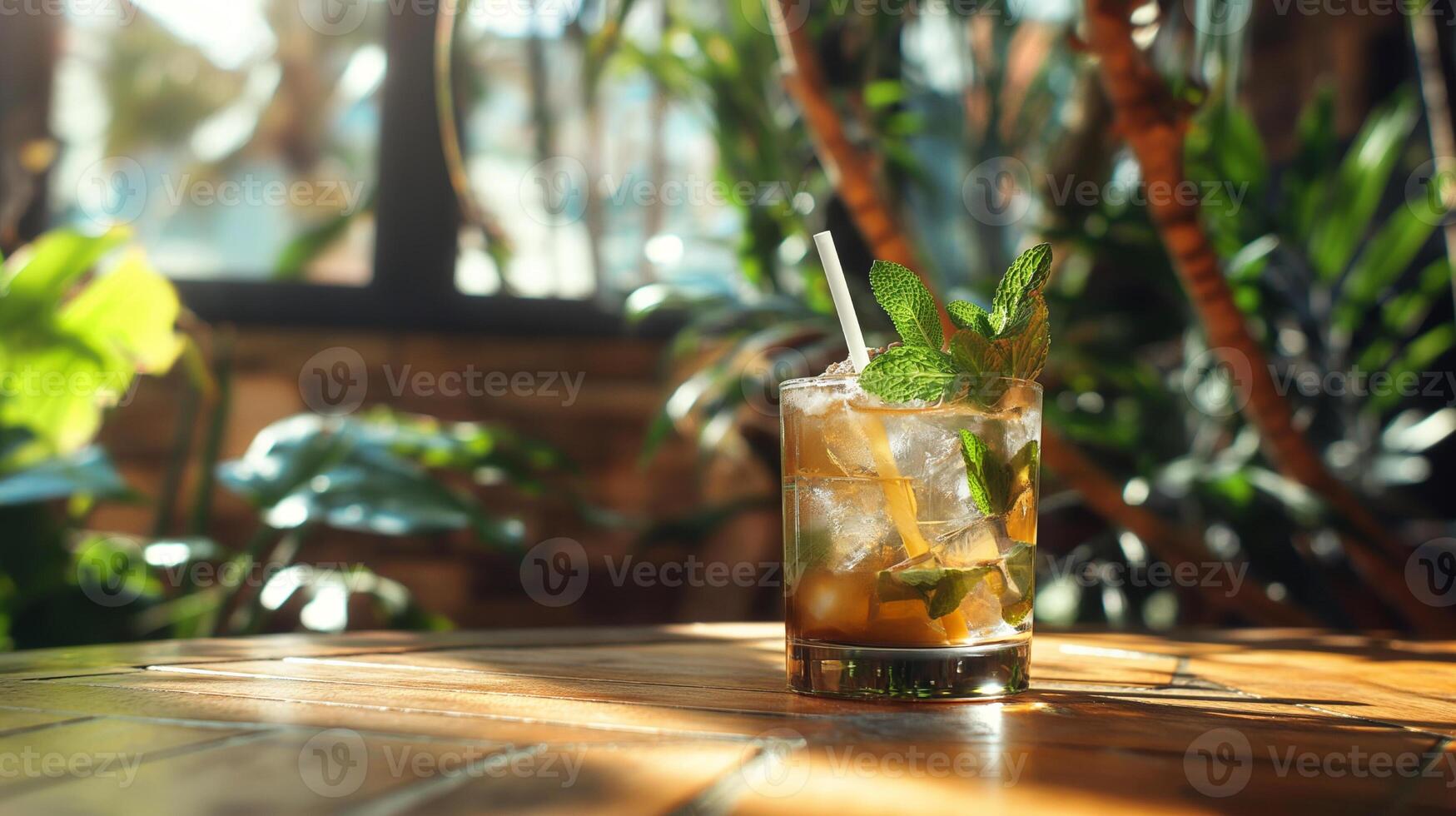 Multicolored bright cocktail with straw in a glass close up with ice cube and mint photo
