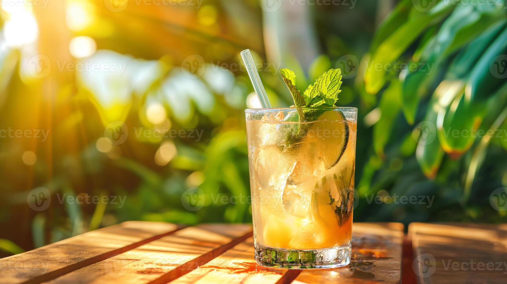 Multicolored bright cocktail with straw in a glass close up with ice cube and mint photo