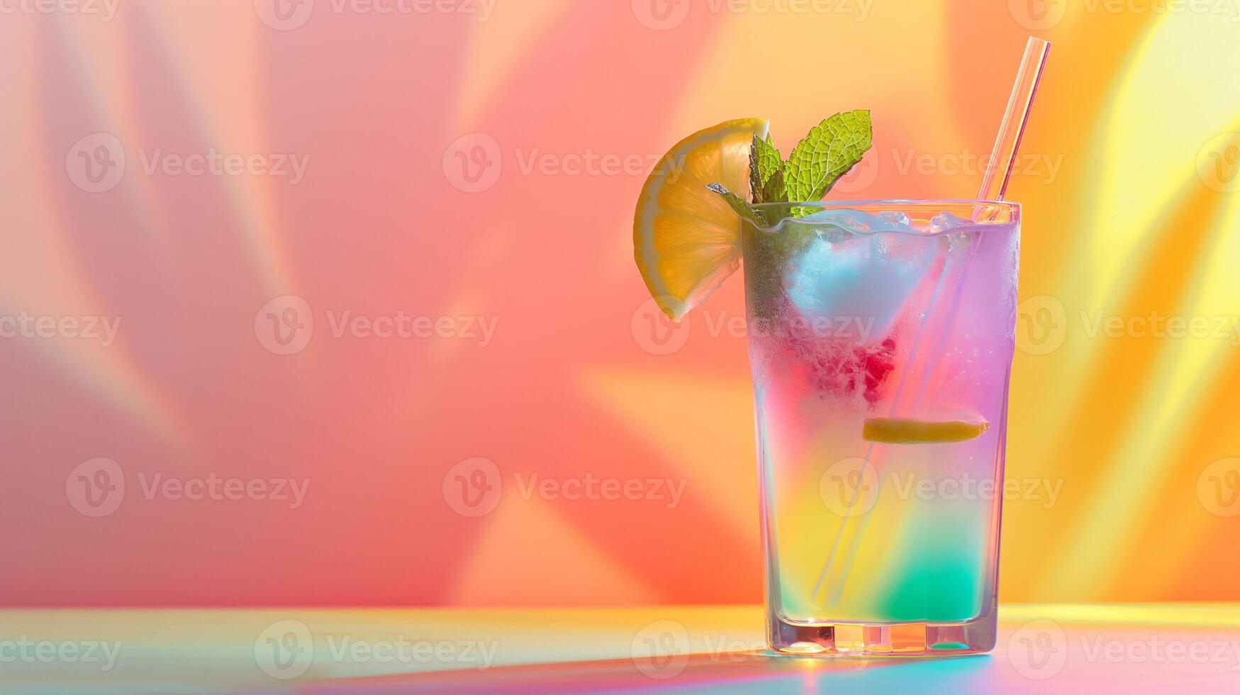 Multicolored bright cocktail with straw in a glass close up with ice cube and mint photo