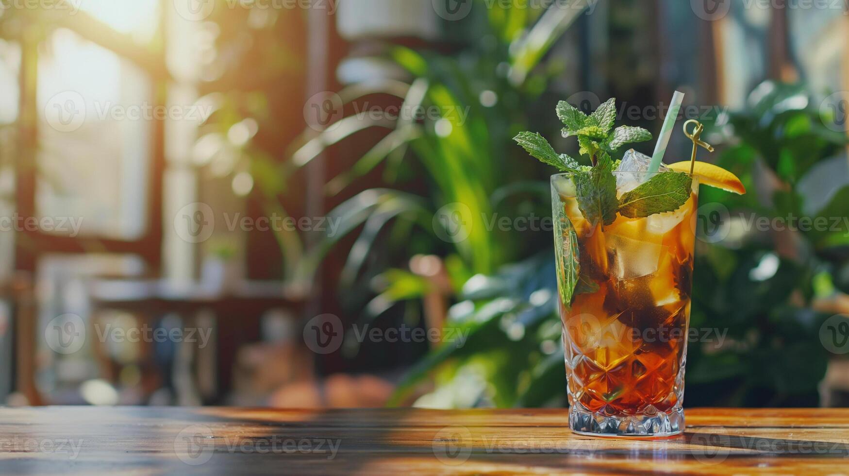 Multicolored bright cocktail with straw in a glass close up with ice cube and mint photo