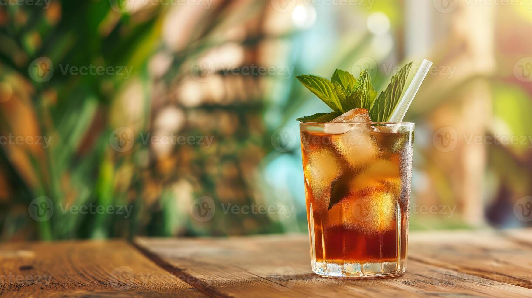 Multicolored bright cocktail with straw in a glass close up with ice cube and mint photo
