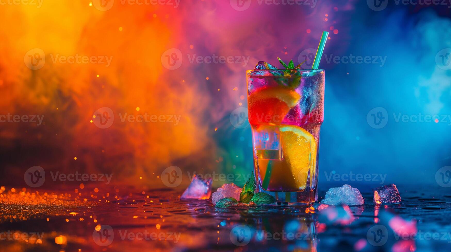 Multicolored bright cocktail with straw in a glass close up with ice cube and mint photo