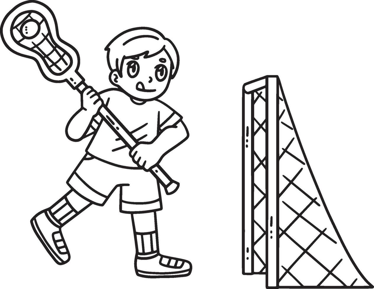 Boy Playing Lacrosse Isolated Coloring Page vector