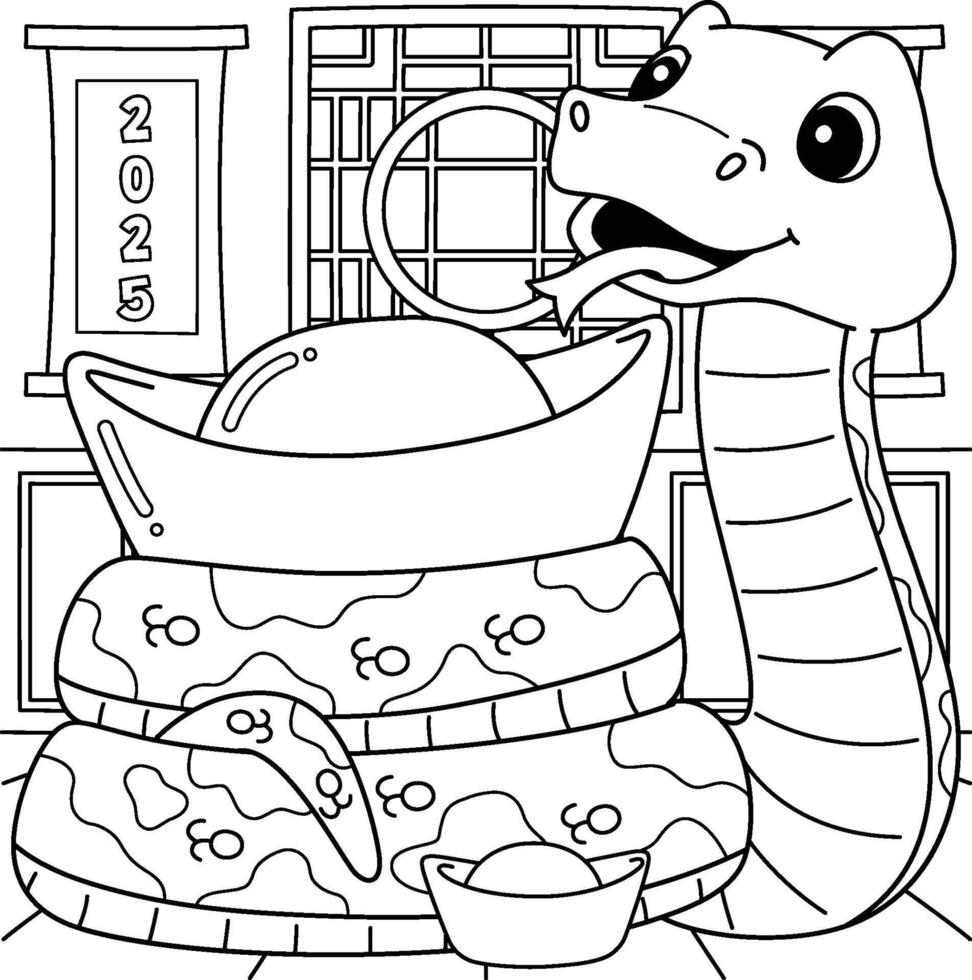 Year of the Snake Holding a Gold Coloring Page vector