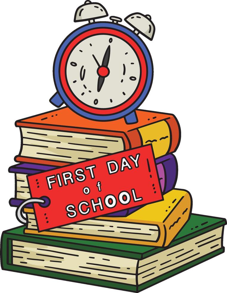 First Day of School Book and Alarm Clock Clipart vector