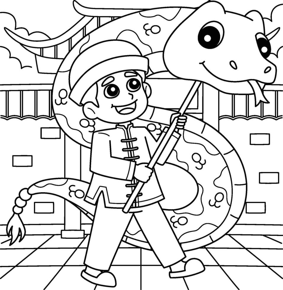 Year of the Snake Chinese Boy with Float Coloring vector