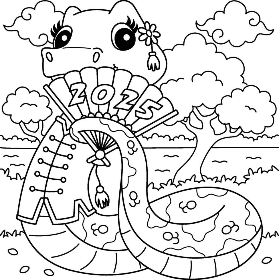 Year of the Snake Holding a Fan Coloring Page vector