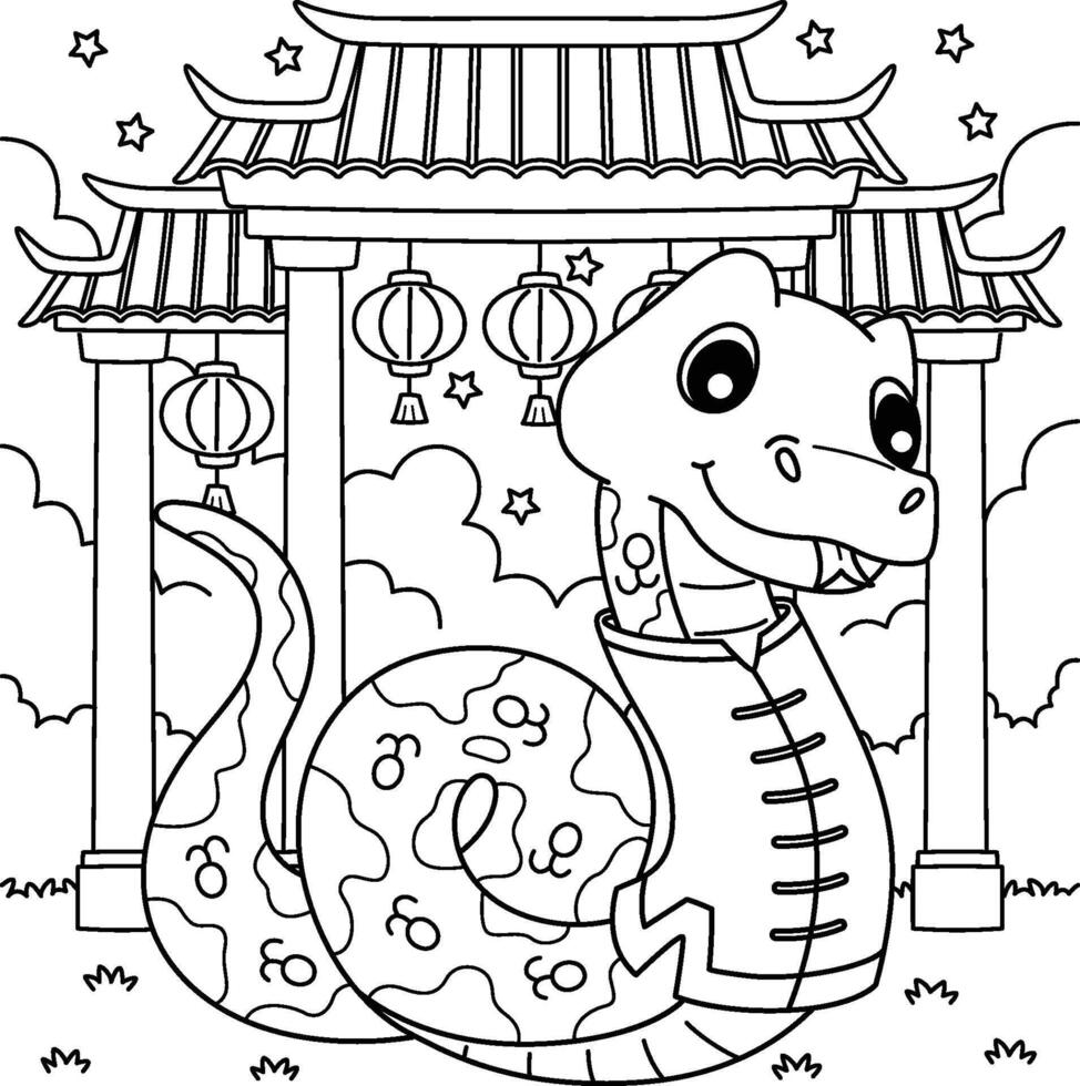 Year of the Snake in front Chinese Temple Coloring vector