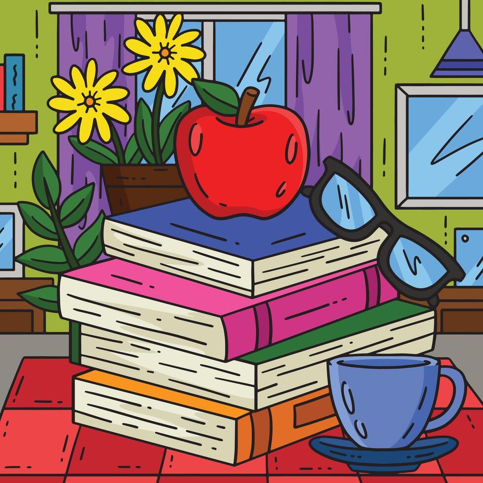 First Day of School Textbooks and Apple Colored vector