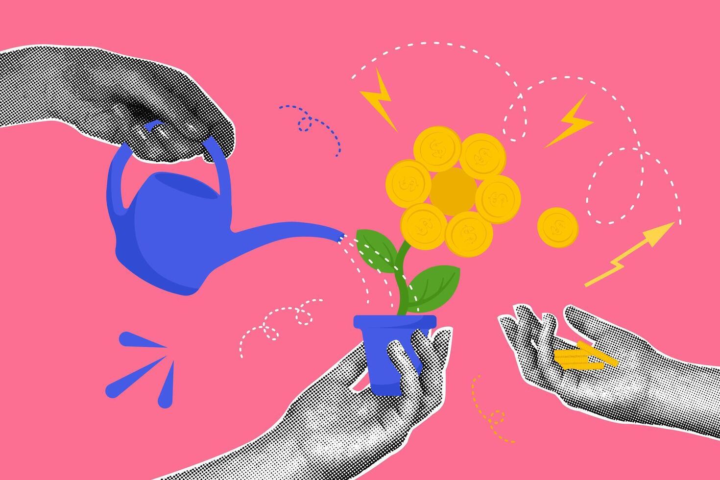 Trendy halftone collage. Concept of hands with investment. The image shows hands that attract investment for business development.Trendy modern retro illustration vector
