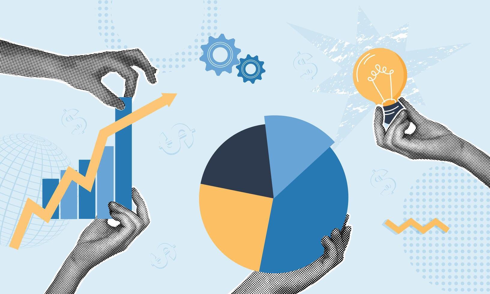 Trendy halftone collage. Concept of process implementation, work integration, Improve execution and optimize management. Application and activation of innovation in manufacturing business. vector