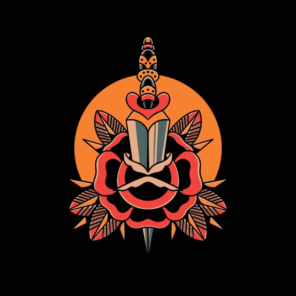 rose dagger tattoo design vector