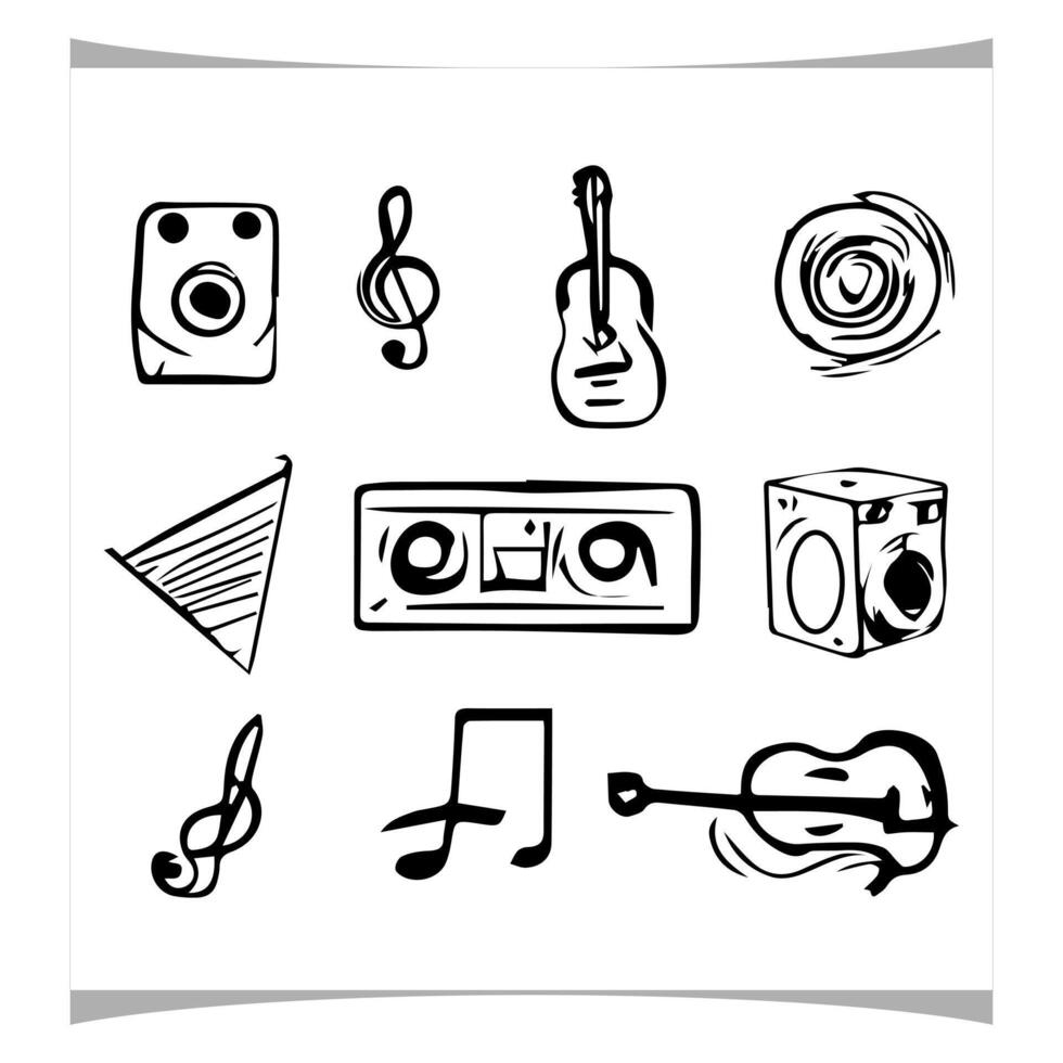 Collection of music icons, musical instruments and singing in a hand drawn style vector