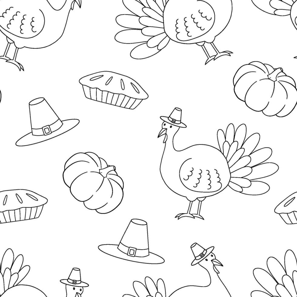 Hand drawn monochrome seamless pattern with pumpkin and turkey. Outline illustrations on white. Thanksgiving day. vector