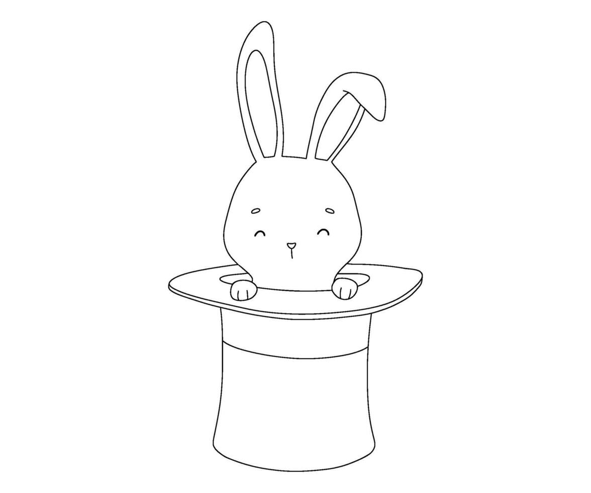 Outline cute bunny in magic hat of circus magician. Funny rabbit character. Hand drawn isolated line illustration for coloring book vector