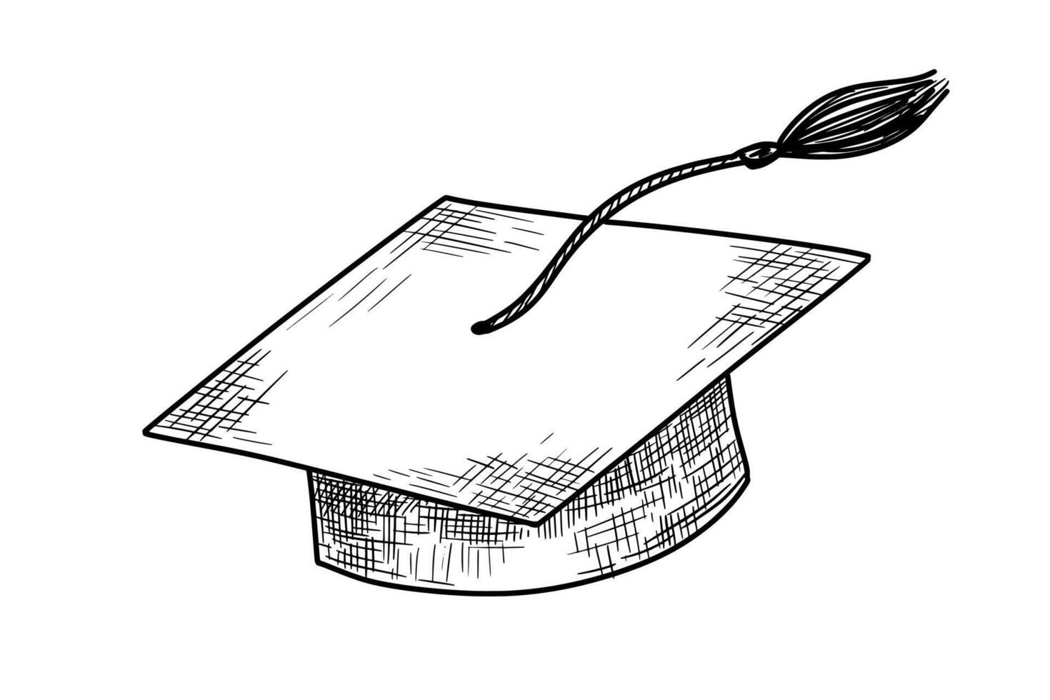 Graduate hat hand drawn sketch. Flying university cap in etching style. Academic hat monochrome illustration vector