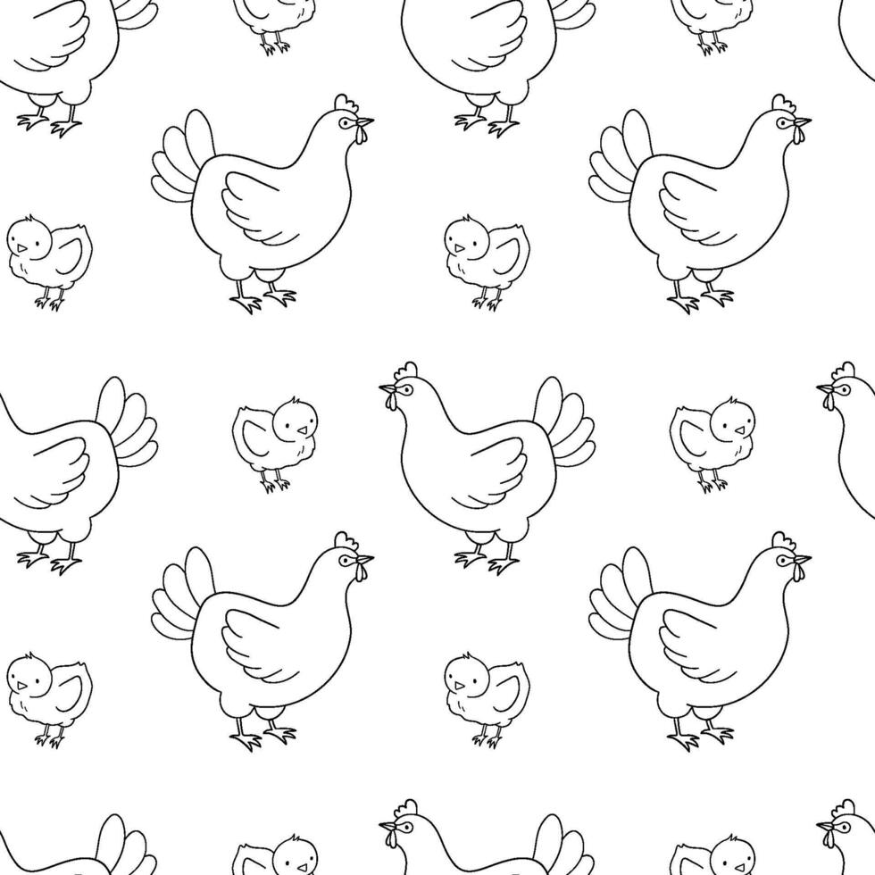 Hand drawn monochrome seamless pattern with cute outline chicken and chick. Hand drawn illustration isolated on white background. Funny Farm animal repeat pattern vector