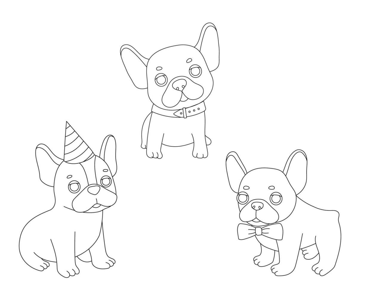 Outline cartoon funny french dog for coloring book. Cute puppy with festive hat, collar and bow vector