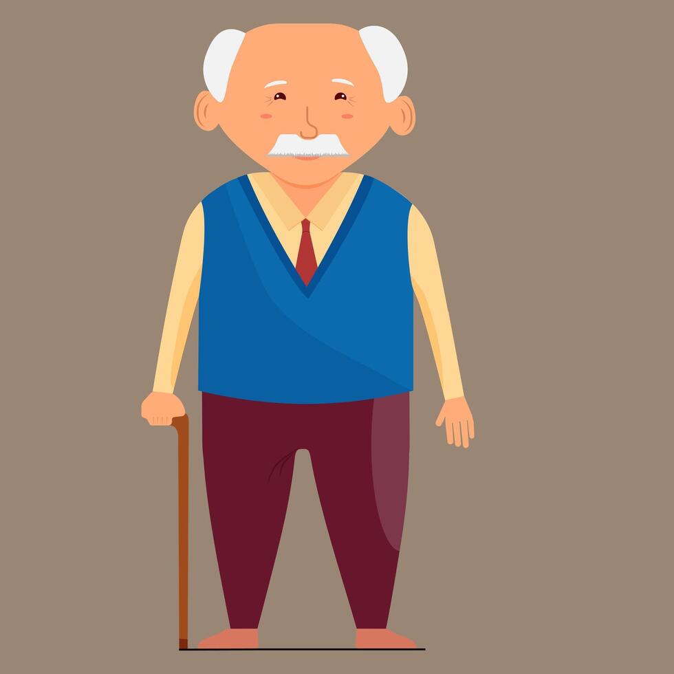 An elderly man in a yellow shirt and blue vest stands with a cane. vector