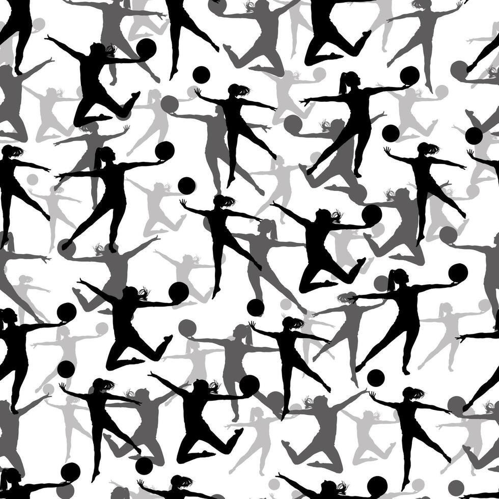 seamless pattern of black and white images of a group of girls on a white background doing sports. vector