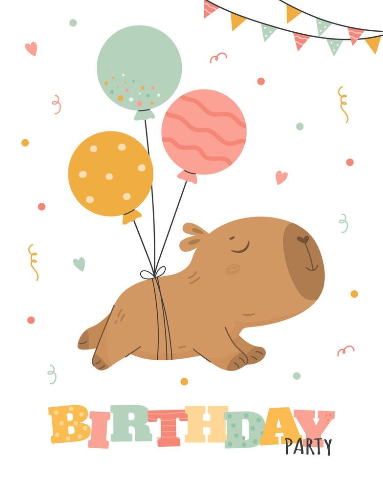 Cute capybara Happy Birthday with balloons vector