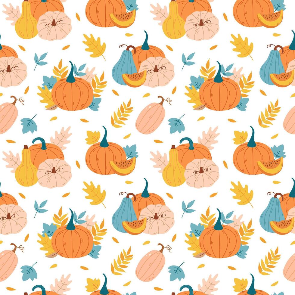 Seamless pattern with pumpkins and autumn leaves vector
