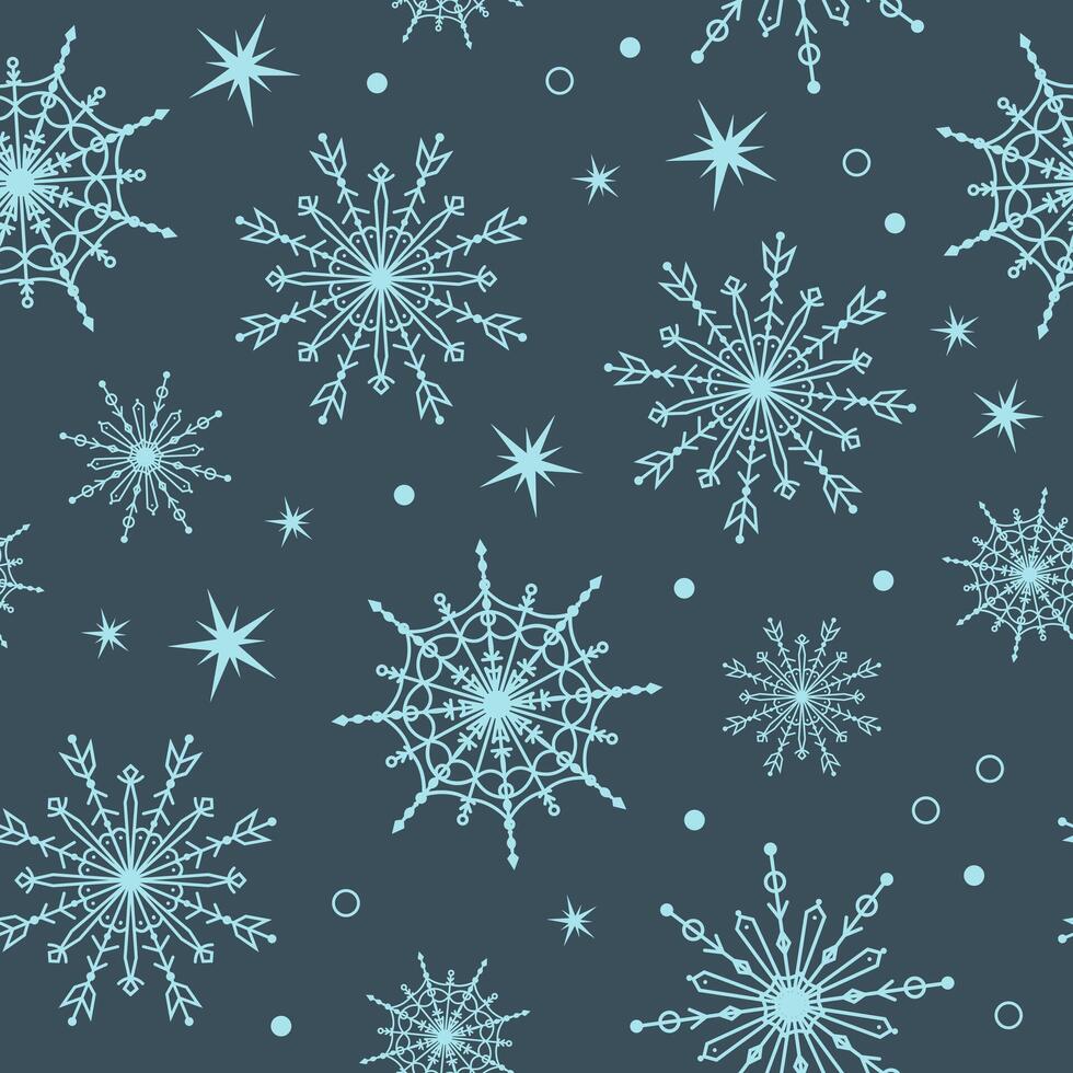 seamless pattern with snowflakes and stars on a blue background. New Year and Christmas winter background with snowfall. vector