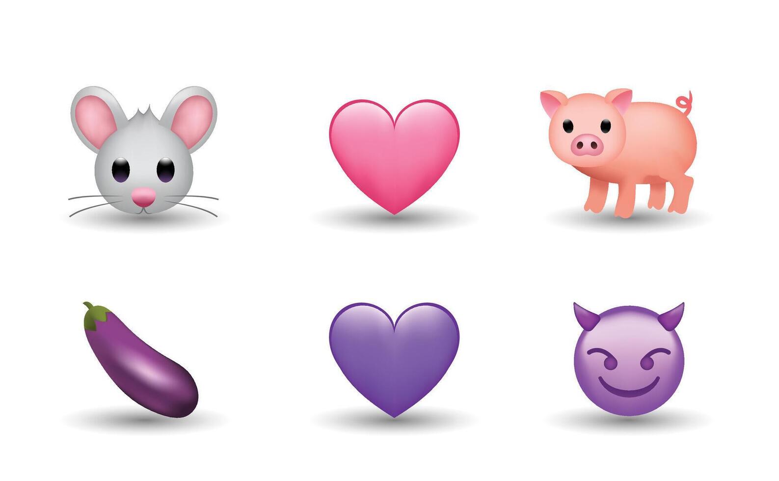 6 Emoticon isolated on White Background. Eggplant, mouse, pink and violet heart, pig, devil emoji Illustration. 3d Illustration set. vector