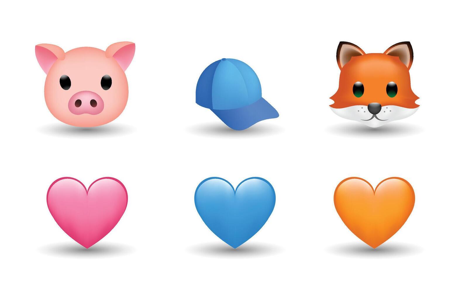 6 Emoticon isolated on White Background. Blue, pink and orange heart, fox, cap, pig emoji Illustration. 3d Illustration set. vector