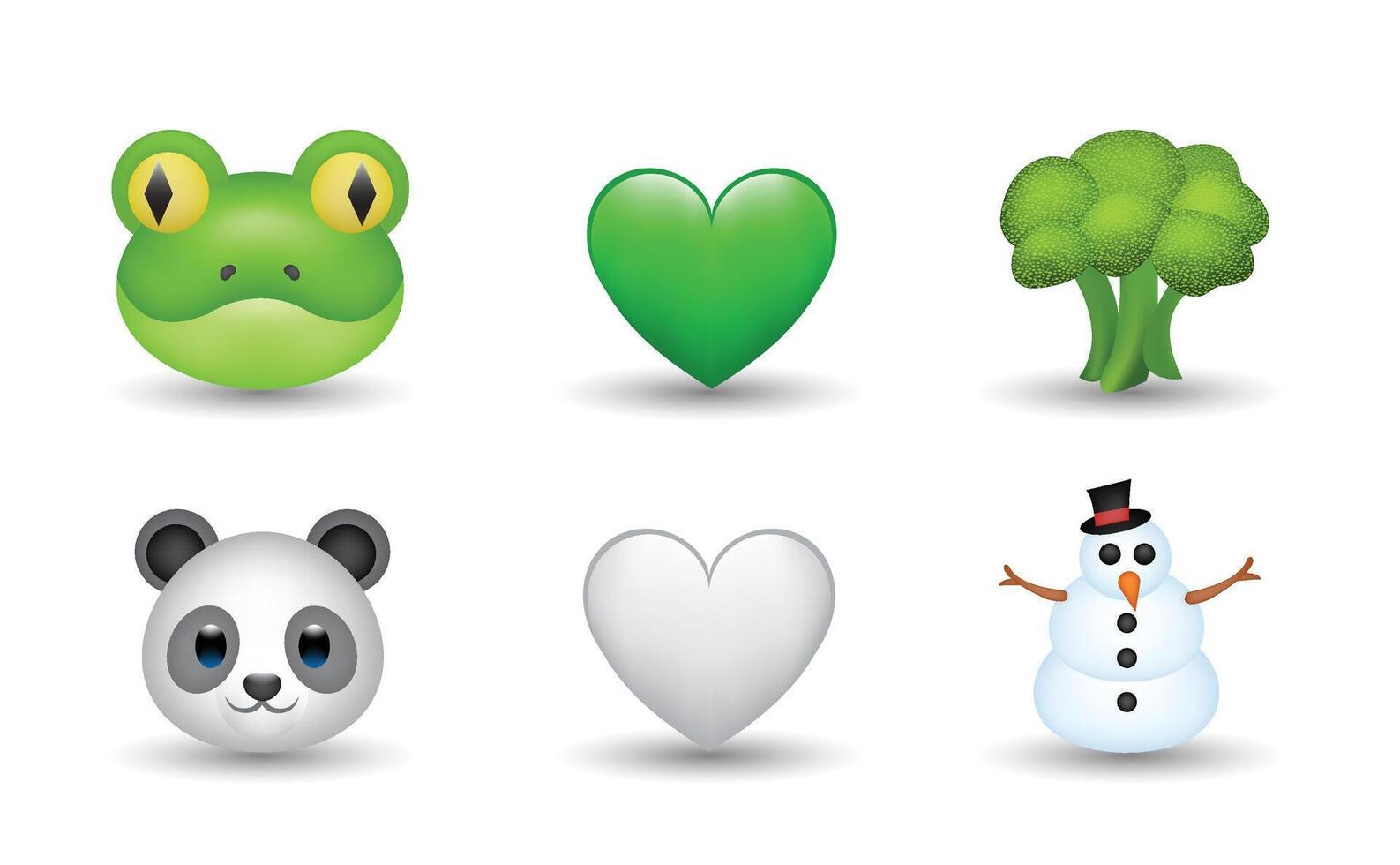 6 Emoticon isolated on White Background. Frog, broccoli, white and green heart, panda, snowman emoji illustration. 3d Illustration set. vector