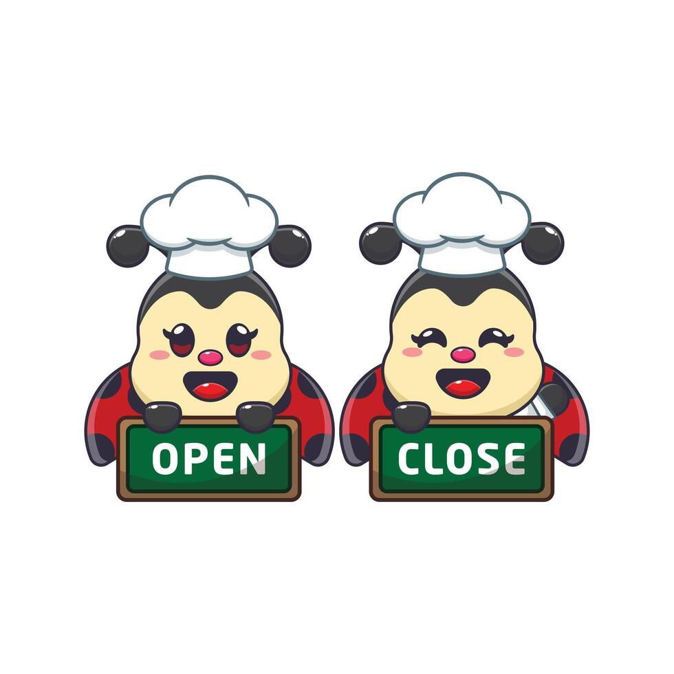 Cute chef ladybug with open and close sign board cartoon illustration vector