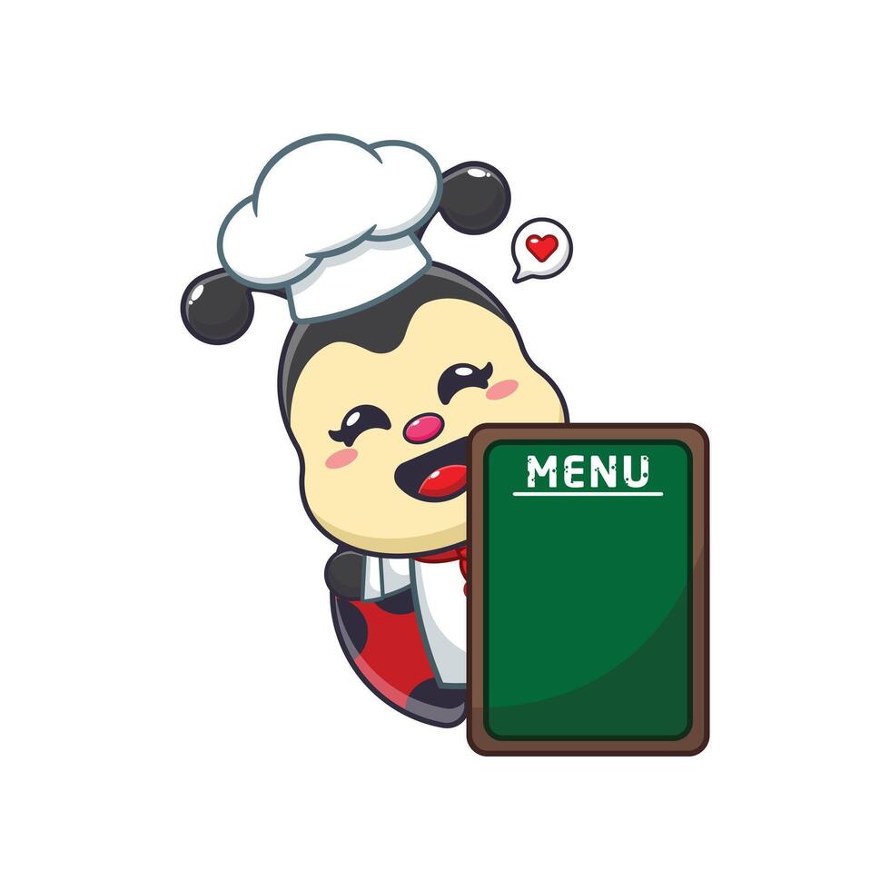 Cute chef ladybug with menu board cartoon illustration vector