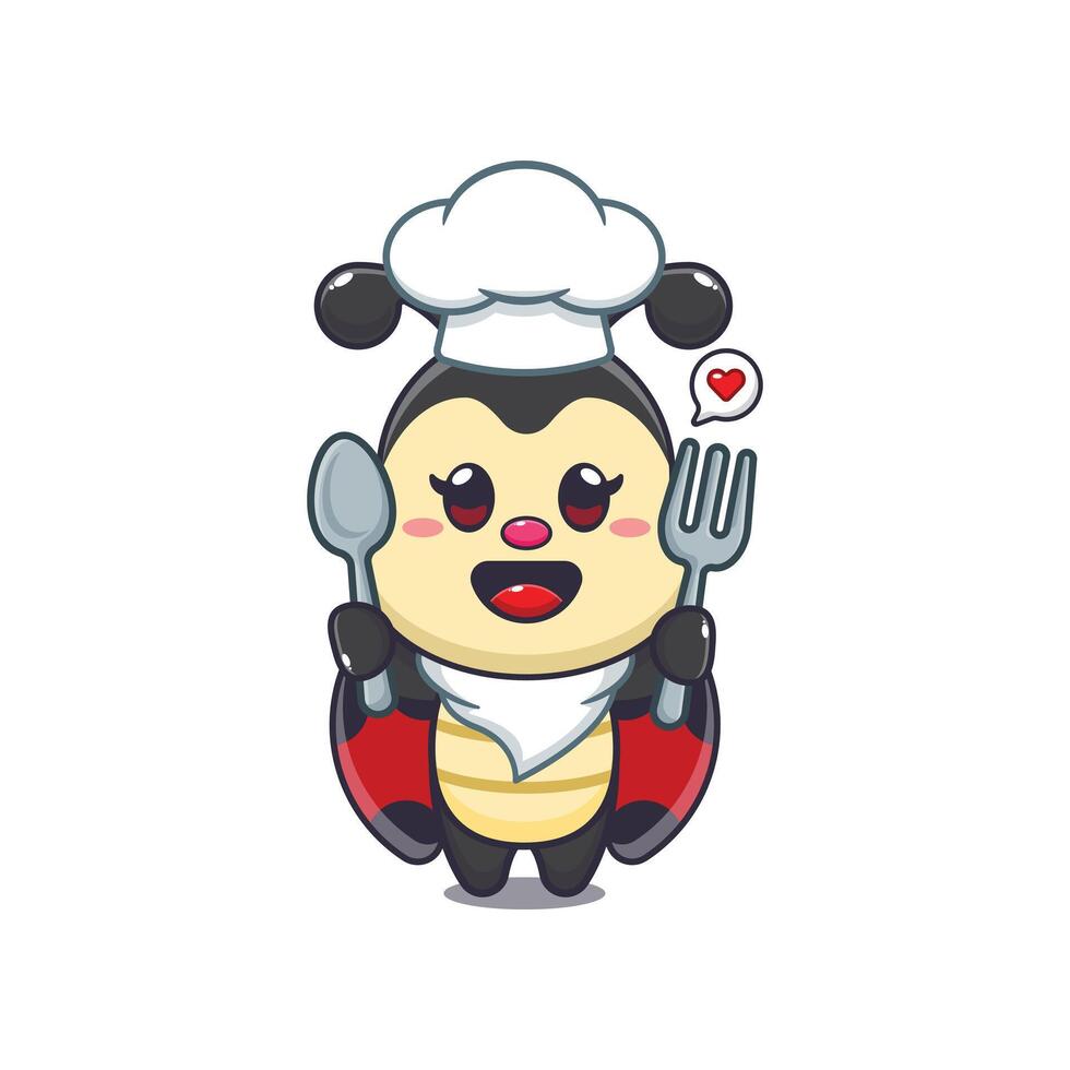 Cute chef ladybug holding spoon and fork cartoon illustration vector