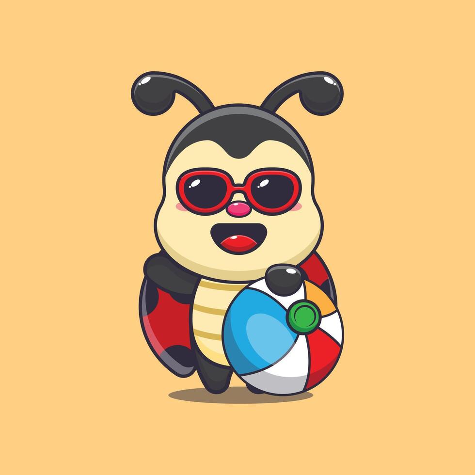 Cute ladybug in sunglasses with beach ball cartoon illustration vector