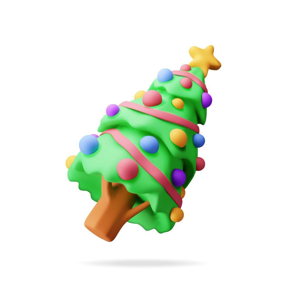 3D Christmas tree decorated with colorful balls, garland lights, golden star. Render spruce, evergreen tree. Greeting card, festive poster, party invitations. New year. vector
