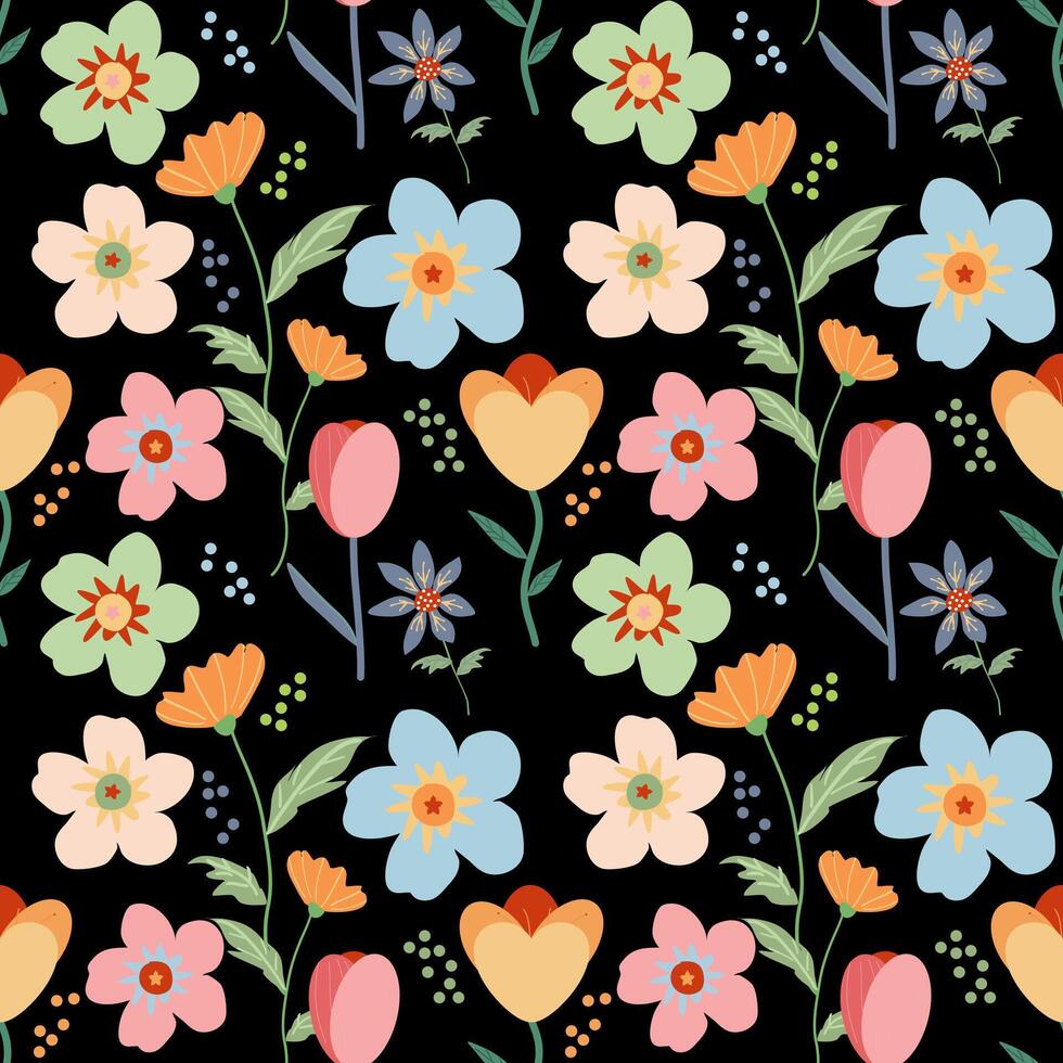 Simple seamless pattern with flowers on black background vector