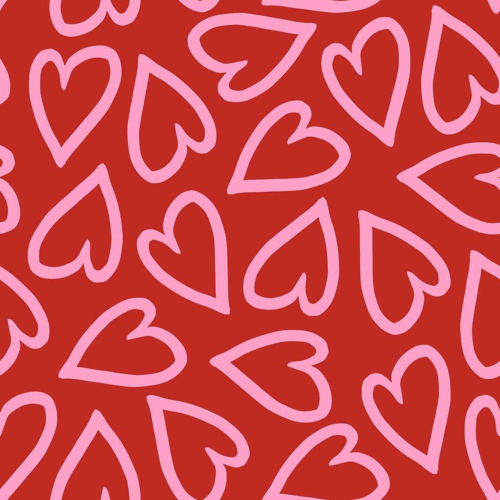 Pink hearts outline on red background seamless pattern. Sweet love. Valentine's day cute backdrop texture, wallpaper. Romantic wedding. Mother's day. vector