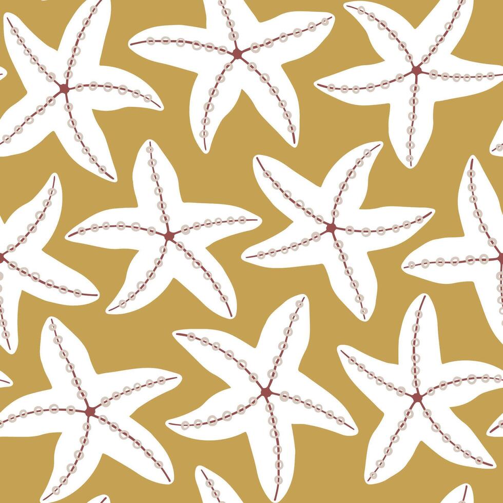 Sea star seamless pattern on gold background. Elegant starfish repeat pattern. Summer, beach, travel, vacation abstract background. Coastal vibes. vector