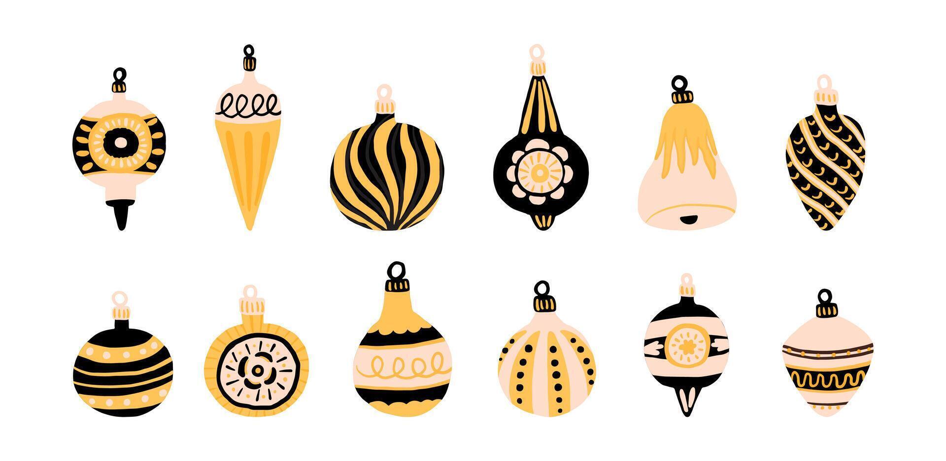 Set of luxurious retro hand drawn Christmas ornaments in black and gold colors. Retro holidays Christmas tree decorations element set. Christmas tree baubles. vector