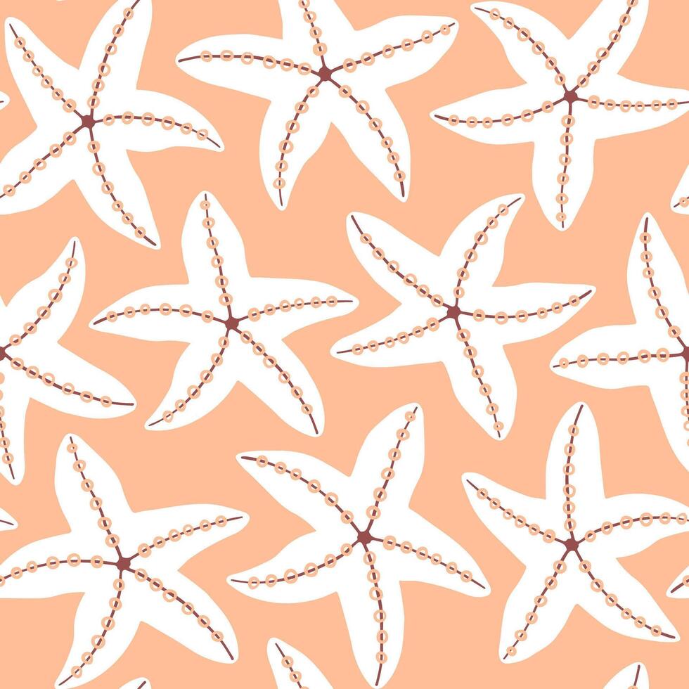 Sea star seamless pattern on peach background. Elegant starfish repeat pattern. Summer, beach, travel, vacation abstract background. Coastal vibes. vector