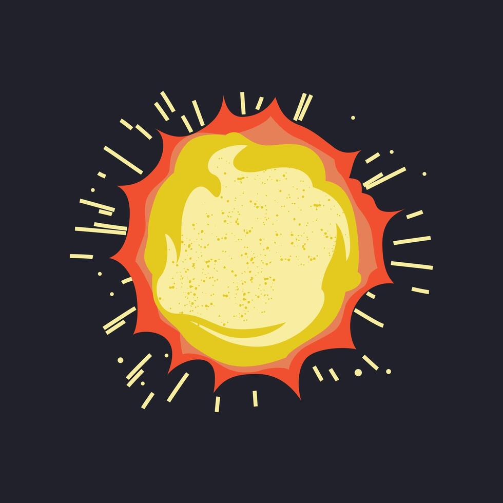 illustration of the sun as a star in flat cartoon style. Galaxy yellow star, astronomy, space science. Celestial solar body, bright light, cosmic phenomena for science, educational materials vector
