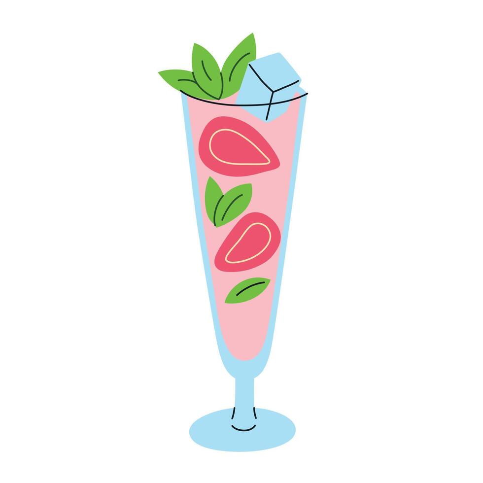 Vibrant illustration of a refreshing strawberry mocktail with ice cubes and mint garnish in a tall glass. Trendy summer drink for parties, tropical lemonade. Flat cartoon style vector