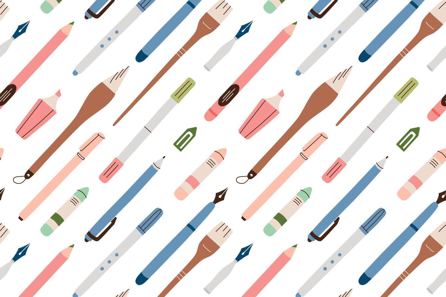 illustration of diagonal pattern with school and office stationery supplies. Seamless design with flat pencils, pens, brushes, and crayons. Seamless background for art, education vector