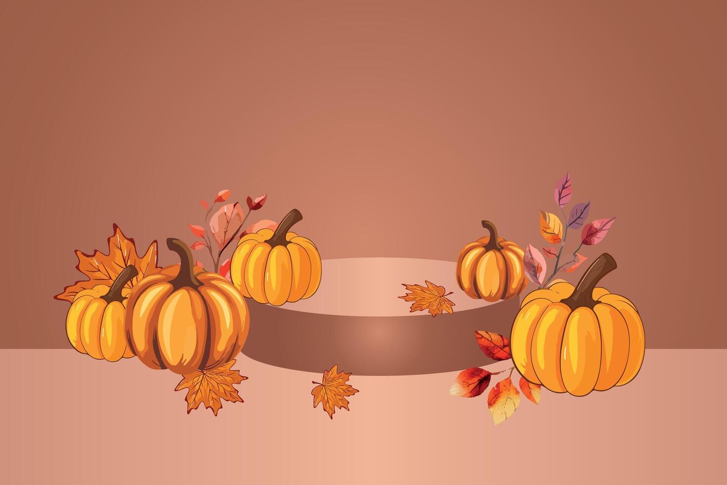 Product podium in warm autumn colors. Autumn exhibition platform, natural minimal product stand. Scene with pumpkins and autumn leaves. vector