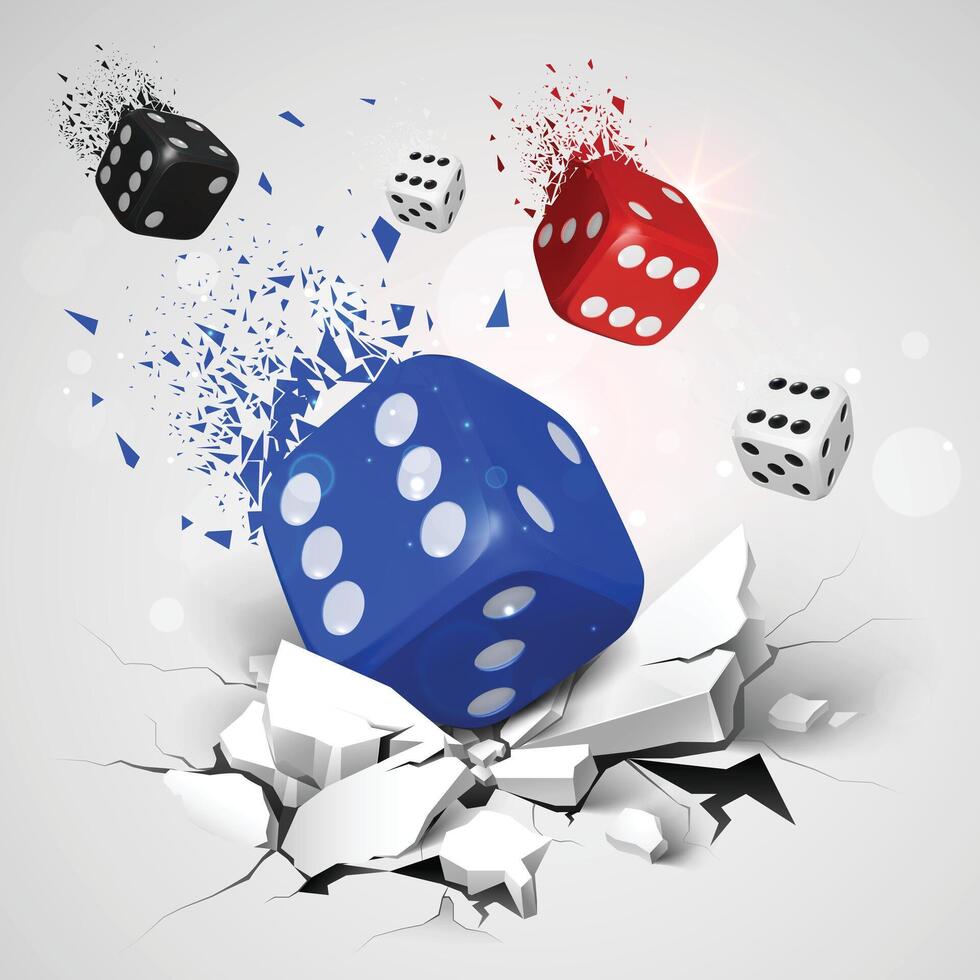 Blue, Red, White, and Black Dice falling down vector
