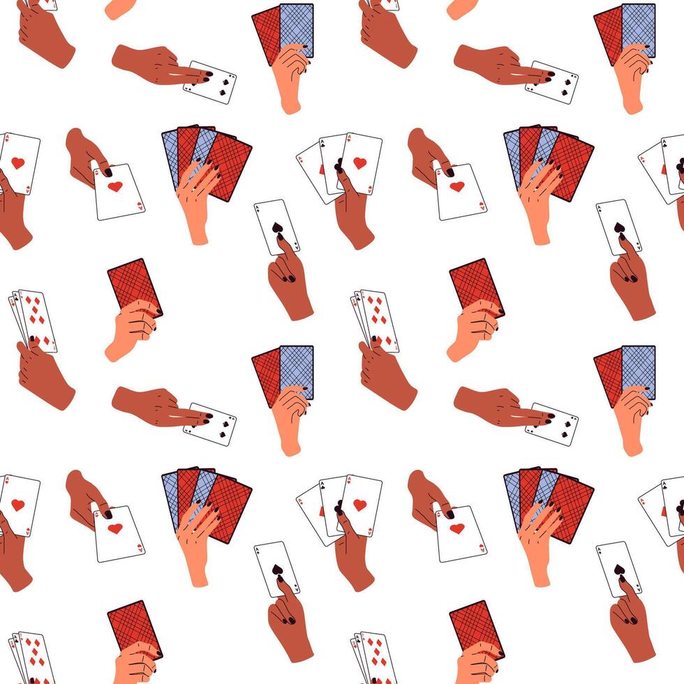 Seamless pattern with Hands holding playing cards . Gambling, betting, casino and poker concept. vector