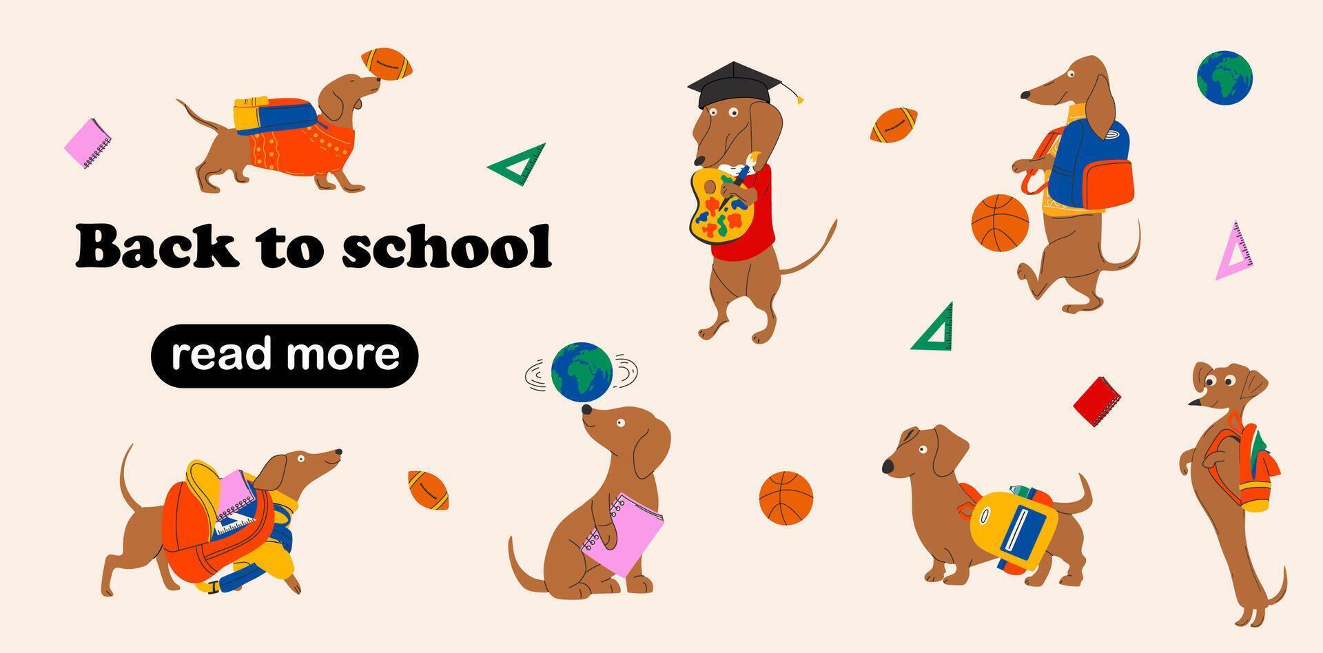 Web page design template for Dachshunds dog ready for school with school stationery. vector
